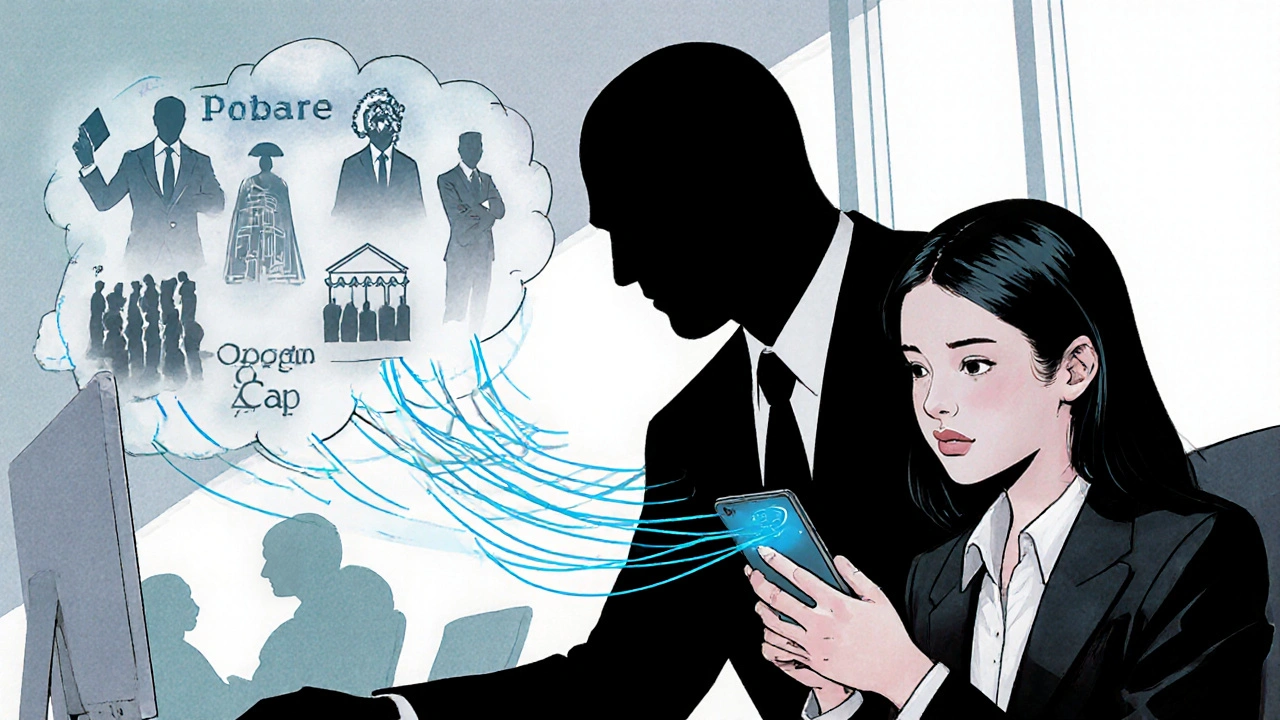 An employee is watched by shadowy corporate figures as her data flows into digital servers.