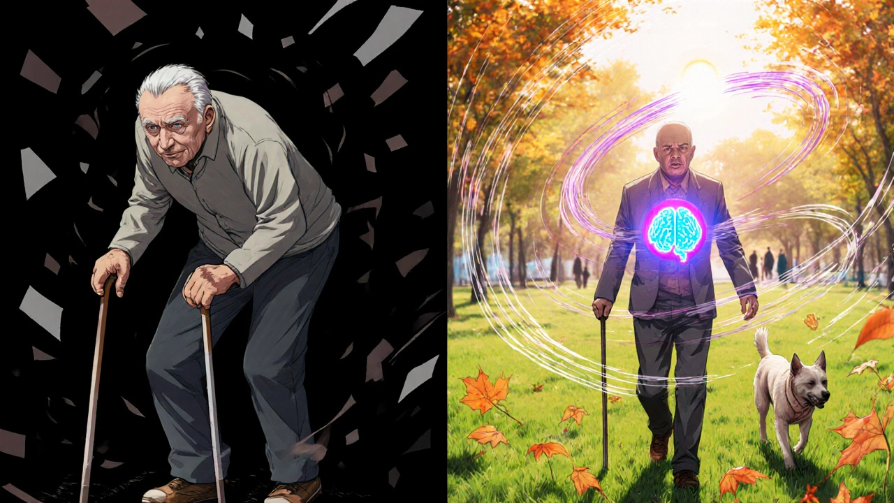 Before and after: man using cane in fear vs. walking confidently with dog in sunlight, symbolizing recovery.