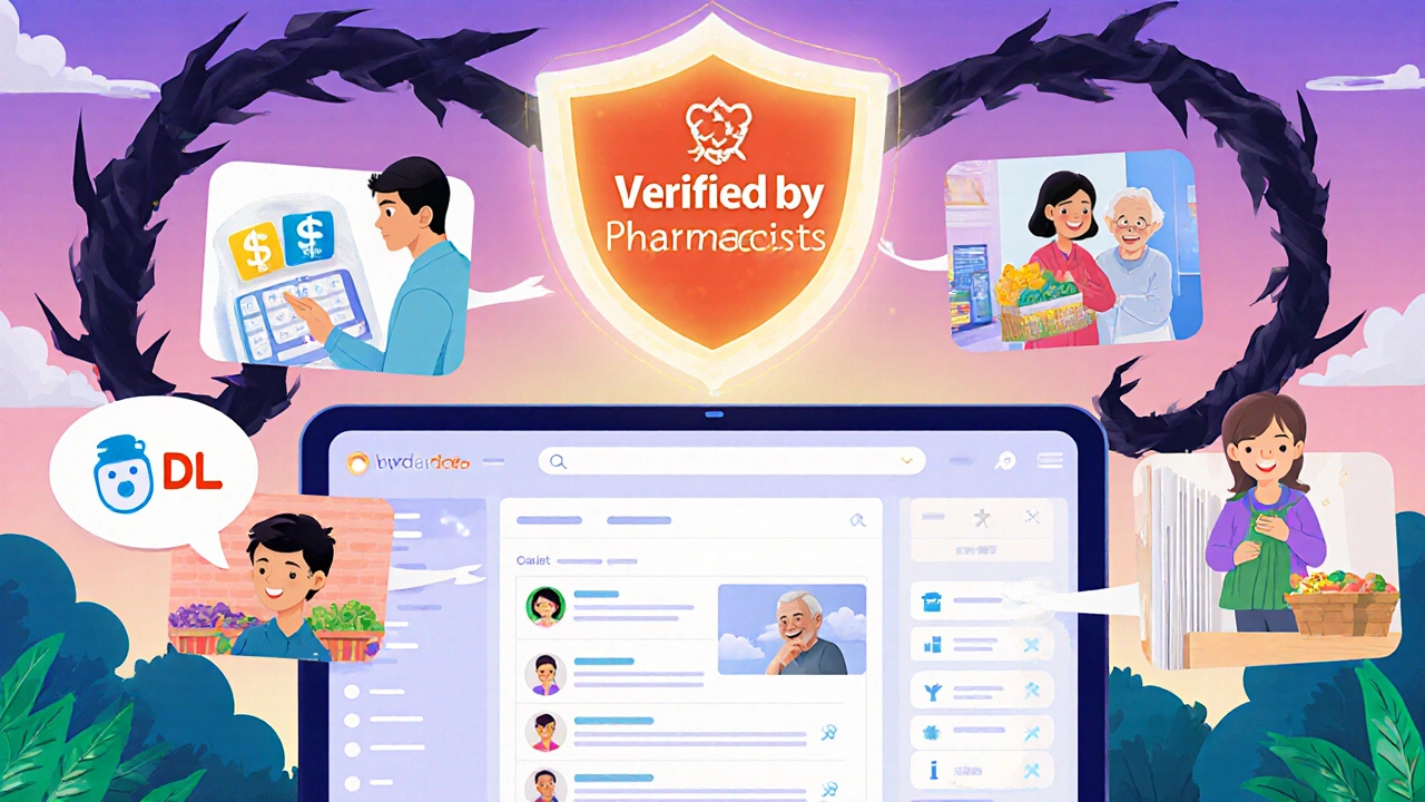 Digital forum scene with user avatars showing real-life benefits of generics, protected by a &#039;Verified by Pharmacists&#039; shield.