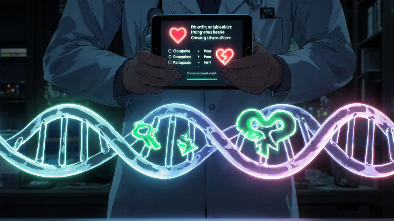 DNA helix showing genetic metabolizer types, one with broken key and cracked heart, doctor holding FDA R-value tablet.