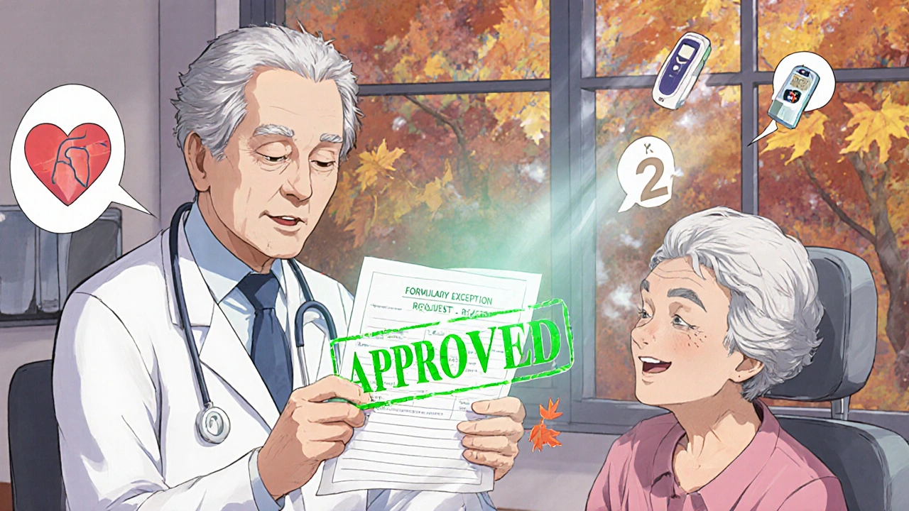 Doctor and senior celebrating approved formulary exception for a high-cost medication.