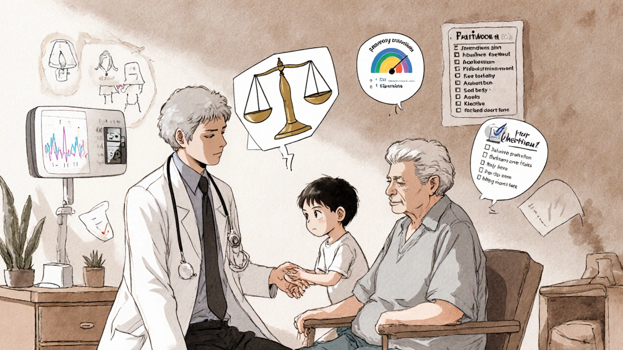 Doctor and senior in clinic with floating health icons showing breathing rate, balance, and family connection.