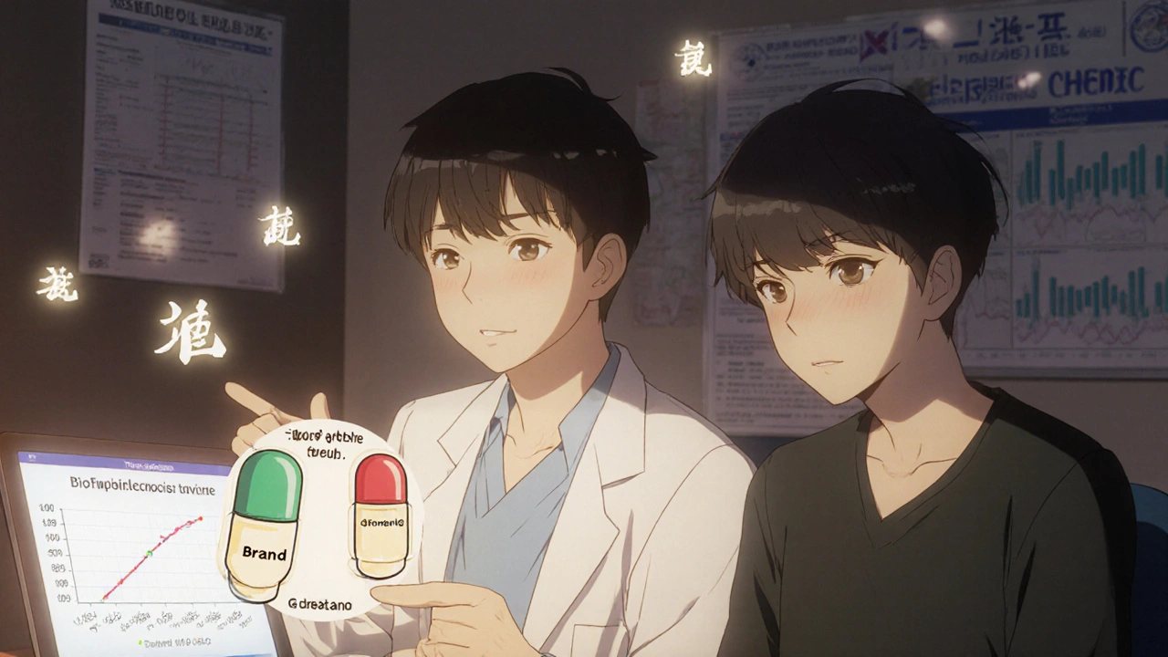 Doctor explains bioequivalence to patient using a molecular diagram in a calm clinic setting.