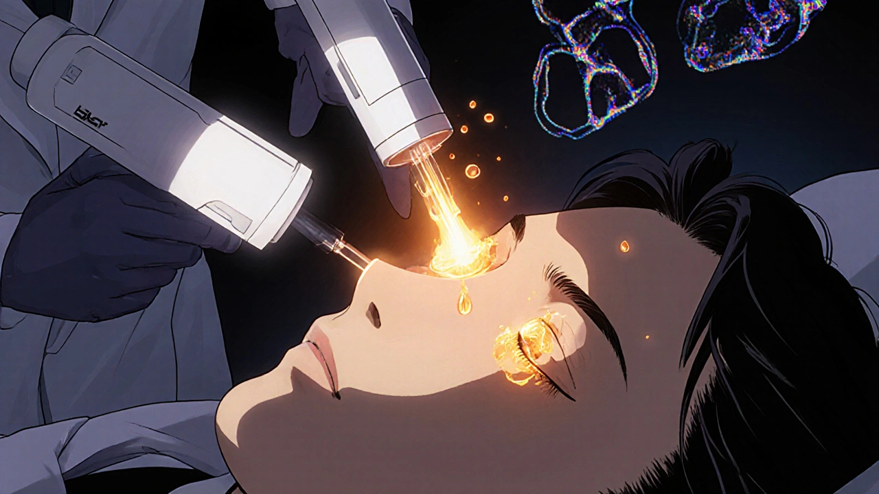 Doctor performing IPL treatment on patient&#039;s eyelids, golden light pulses, oil droplets emerging.