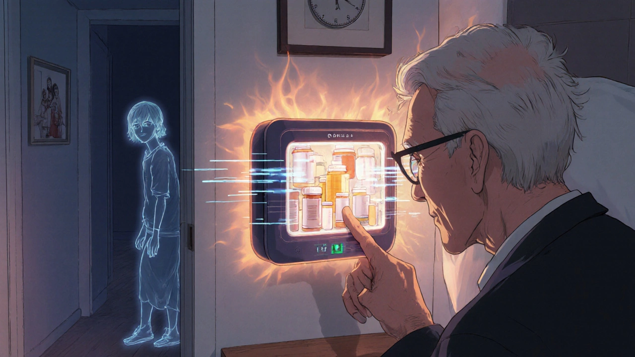 Elderly man using fingerprint lockbox at night with ghostly visitor watching