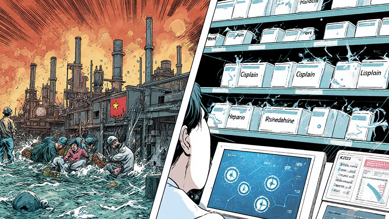 Factory flooded in one panel, empty hospital shelves in another, with AI data streams in between.