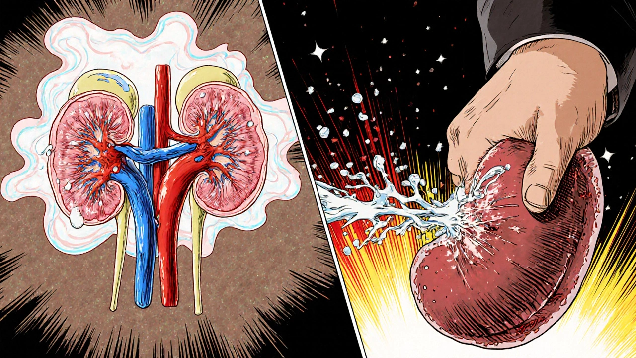 Healthy vs stenotic kidney comparison: taut arterioles vs relaxed, angiotensin II chains snapping.