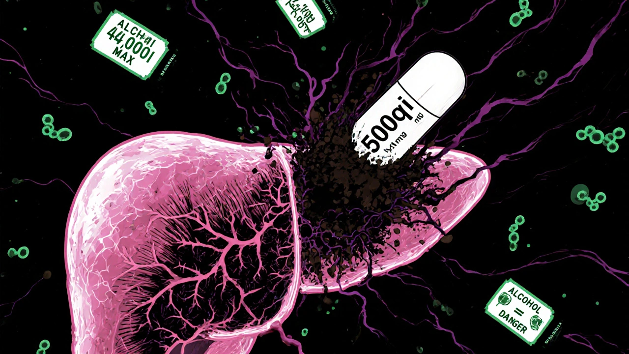 Human liver with darkening tissue as toxic particles spread, one pill falling toward it with warning labels floating nearby.
