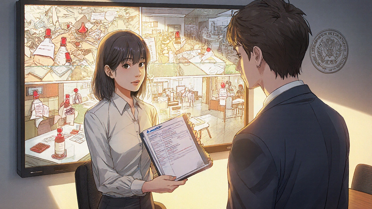 Manager presenting PreCheck dossier to FDA inspector with orderly facility in background