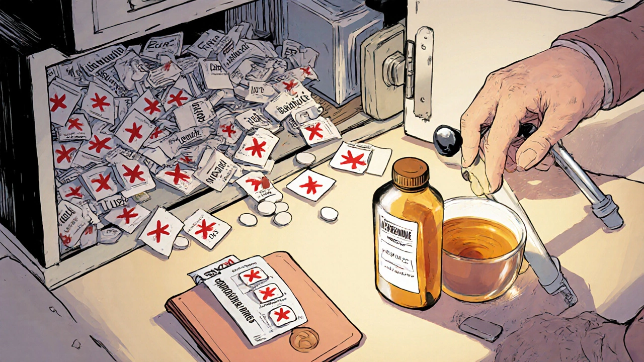 Medicine cabinet with dangerous opioids crossed out, safe alternatives glowing beside walking cane and tea.