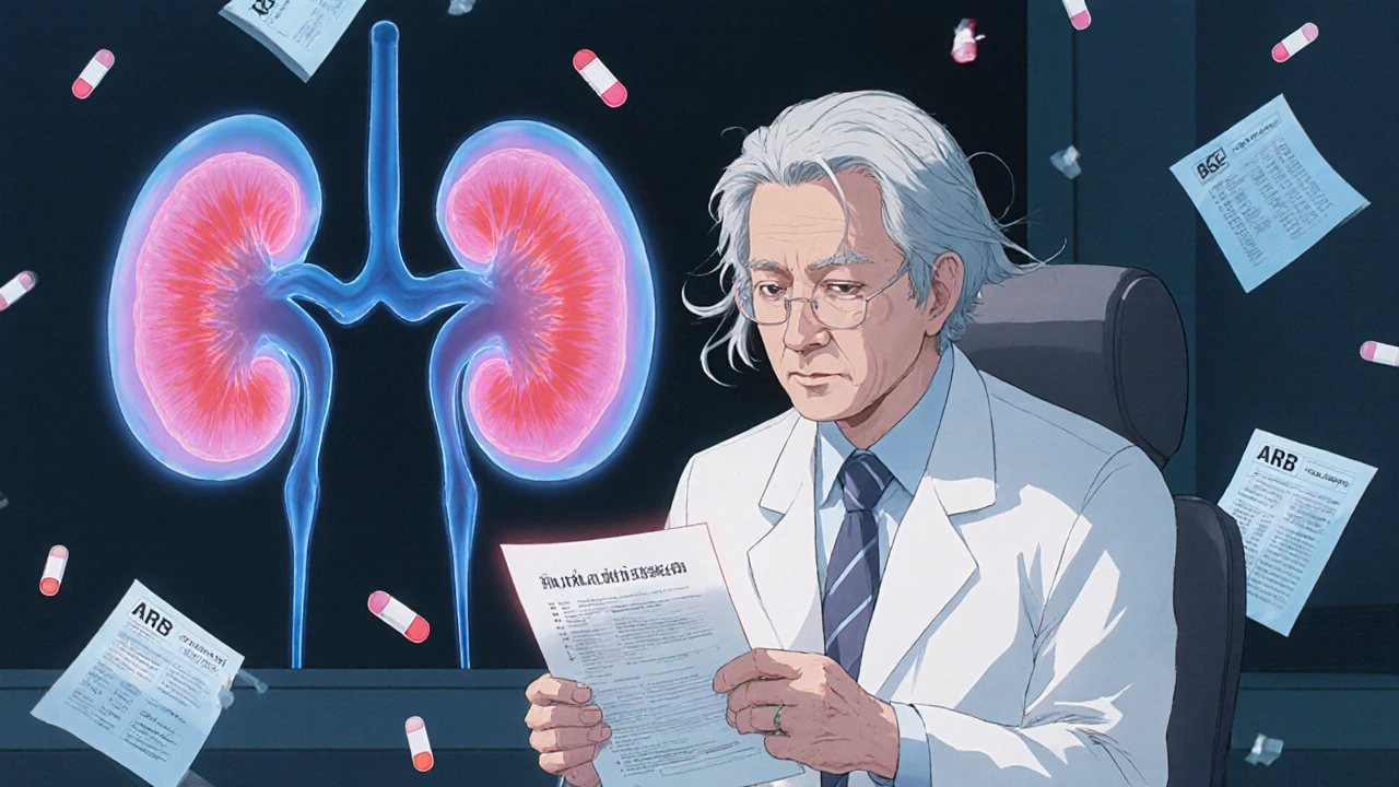 Patient holding blood test with rising creatinine, ghost kidneys behind, ARB pills falling like bombs.