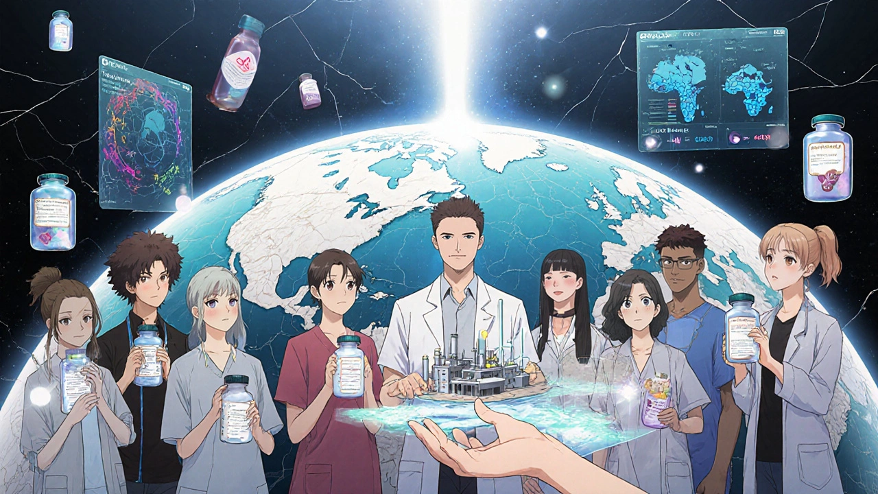 Patients holding dissolving medicine bottles under a globe with predictive data and a new factory model.