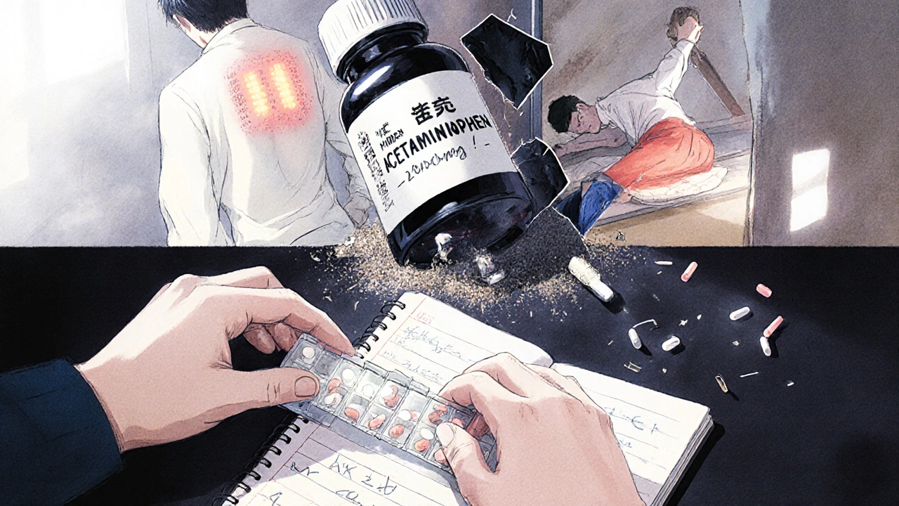 Person organizing pills with daily log, surrounded by non-pill pain relief methods like acupuncture and heat pack.