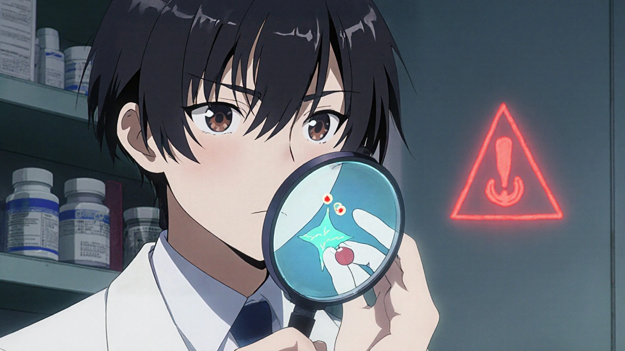 Pharmacist examining a pill with a holographic comparison showing real vs. fake drug composition.