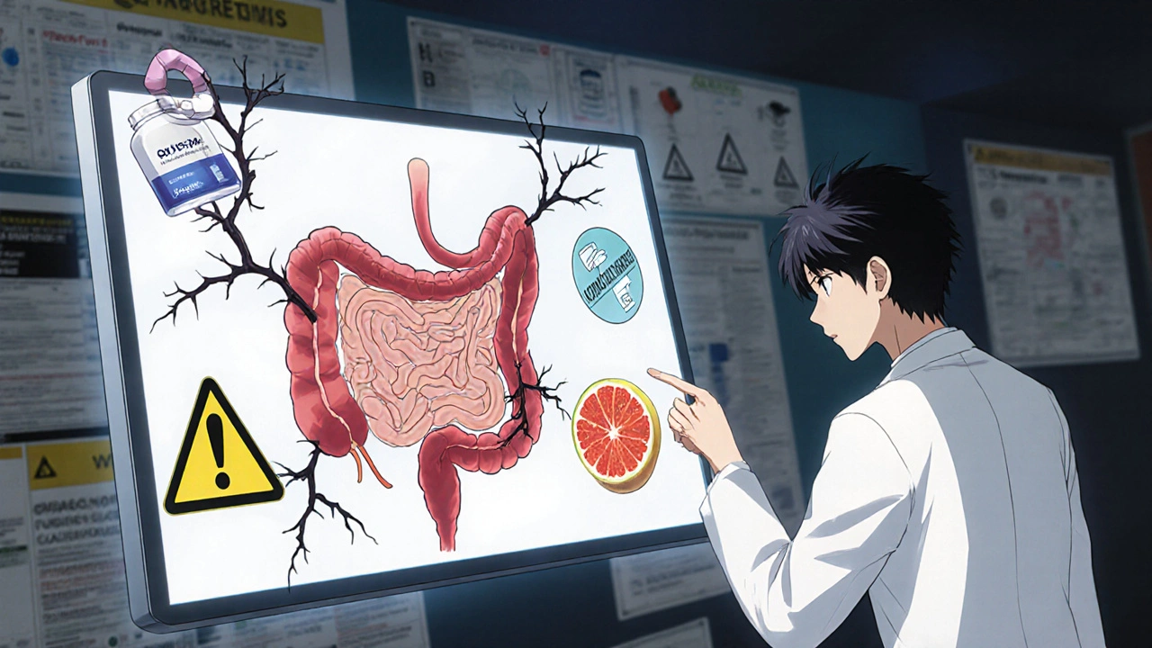 Pharmacist explaining grapefruit enzyme interaction using a digital gut diagram with warning symbols.