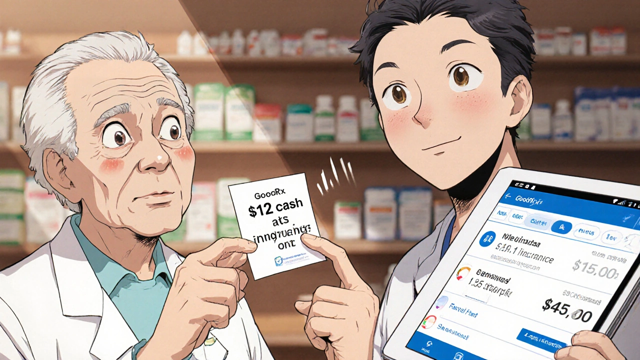 Pharmacist showing senior a cheaper cash price for medication compared to insurance copay.