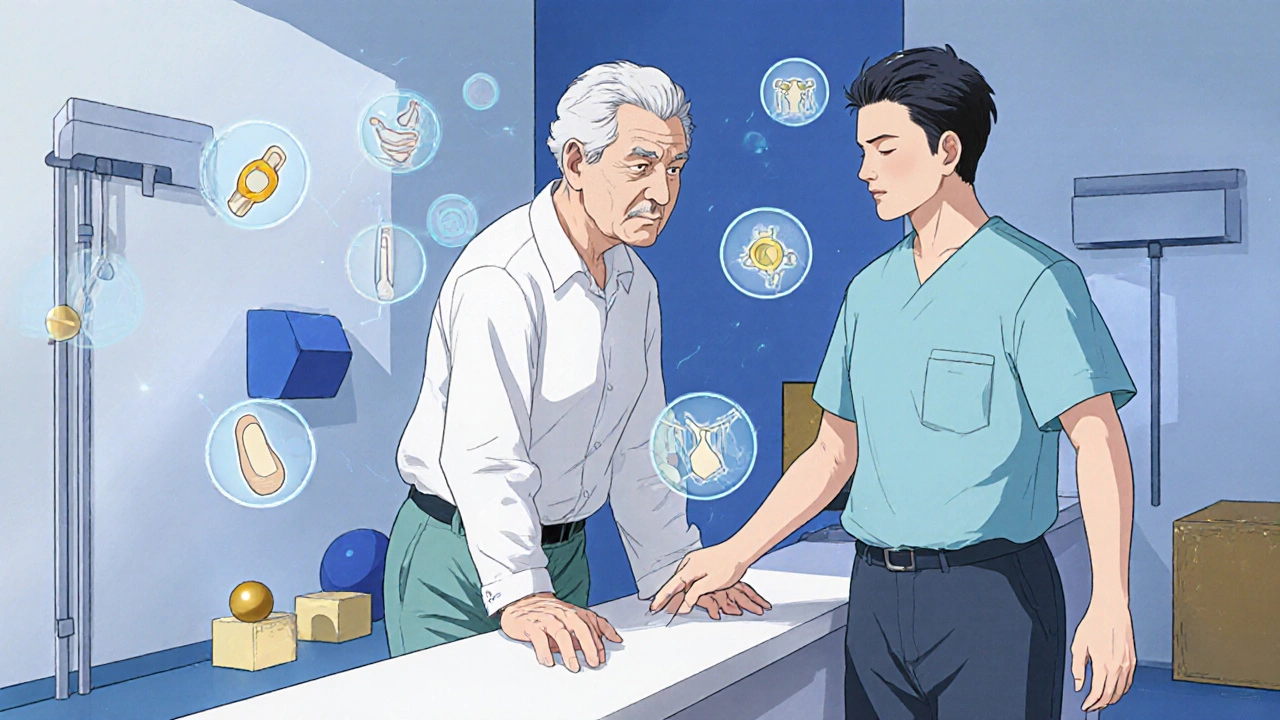 Physical therapist assisting senior patient in balance training, standing on one foot with eyes closed.