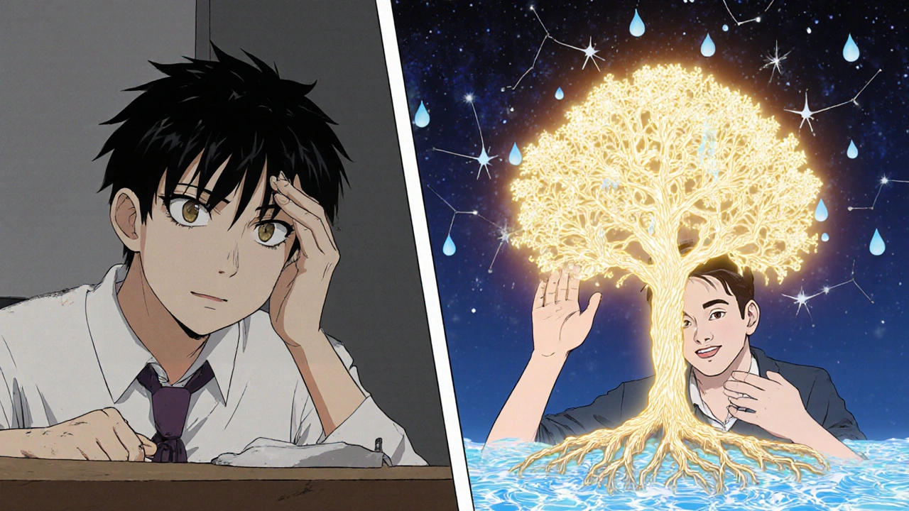 Split image: tired eye at screen vs. healthy eye with glowing gland tree, symbolizing recovery.