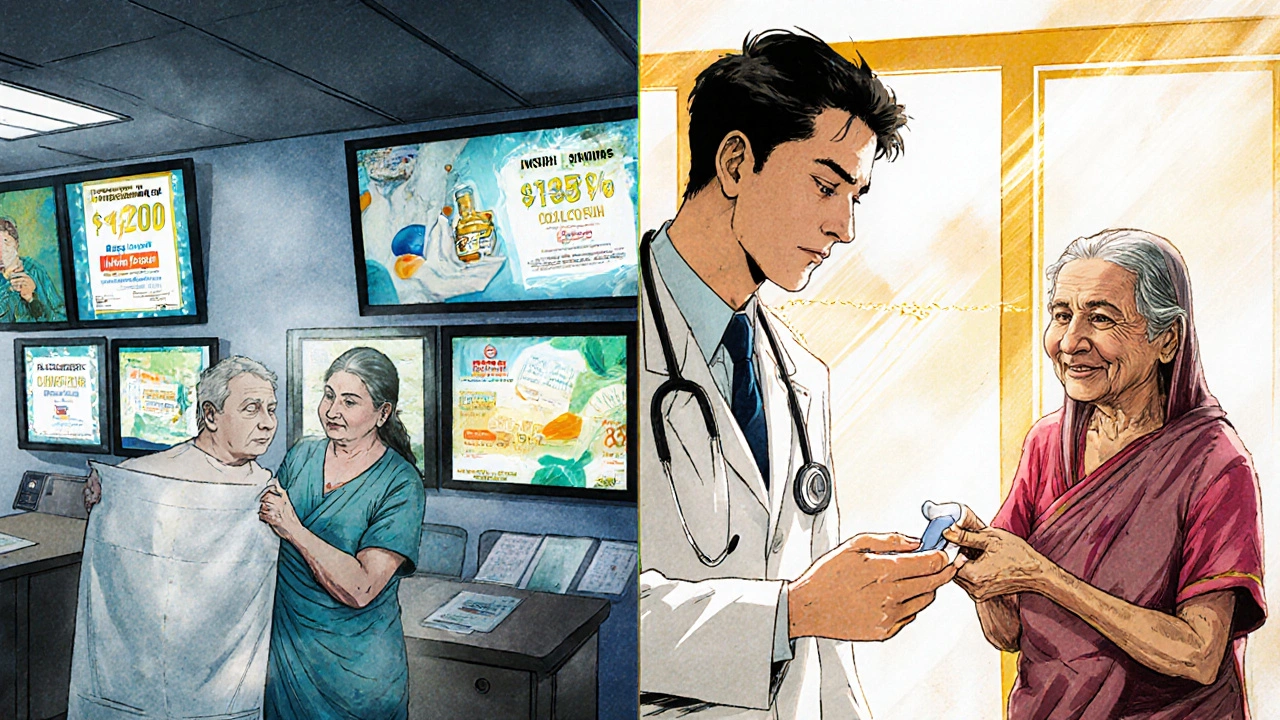 Split scene: a patient in the U.S. faces a high-cost prescription while a woman in India receives affordable generics.