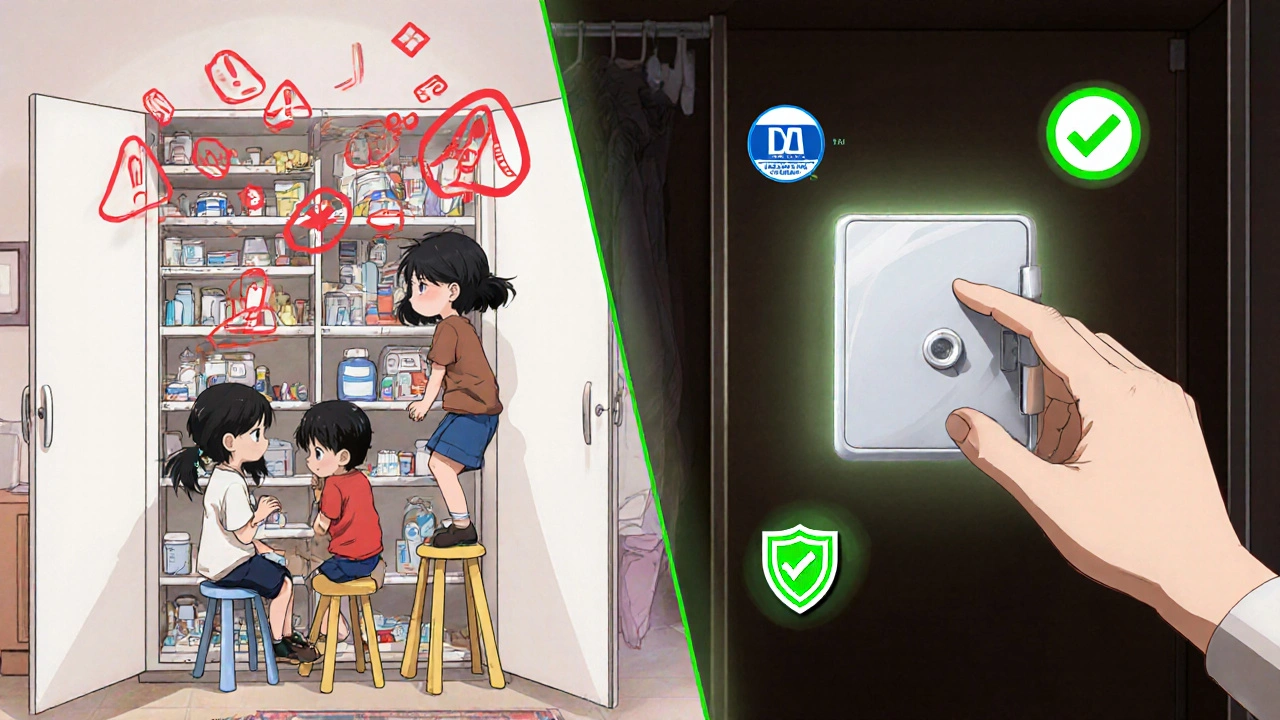 Split scene: chaotic medicine cabinet vs. secure lockbox with safety icons