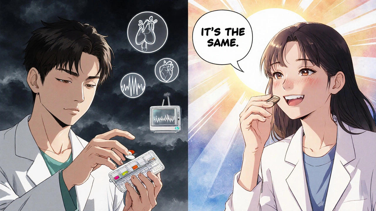 Split scene: patient frowning then smiling with generic pill, pharmacist’s reassurance floating above.