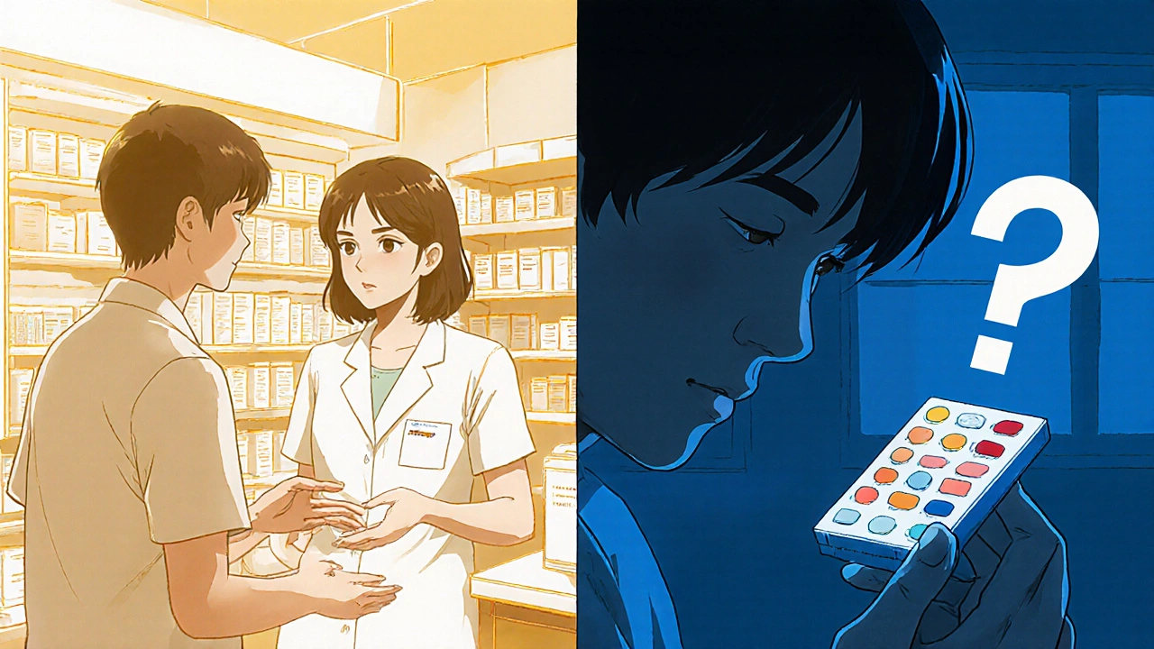 Split scene: pharmacist advising a patient in person versus patient confused by unfamiliar pills at home.