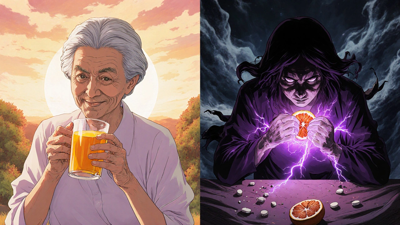 Split scene: safe orange juice vs. dangerous grapefruit juice interacting with medication in the body.