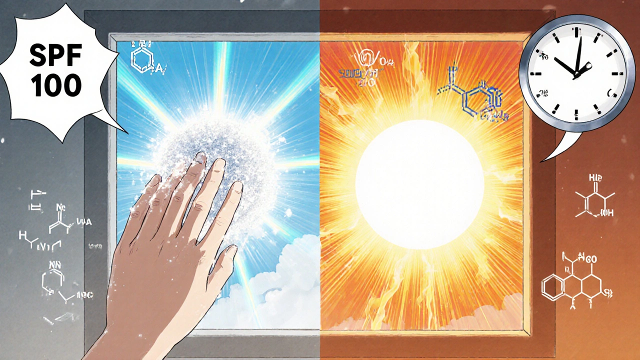 Split-screen of mineral and chemical sunscreen blocking UVA and UVB rays with scientific formulas.