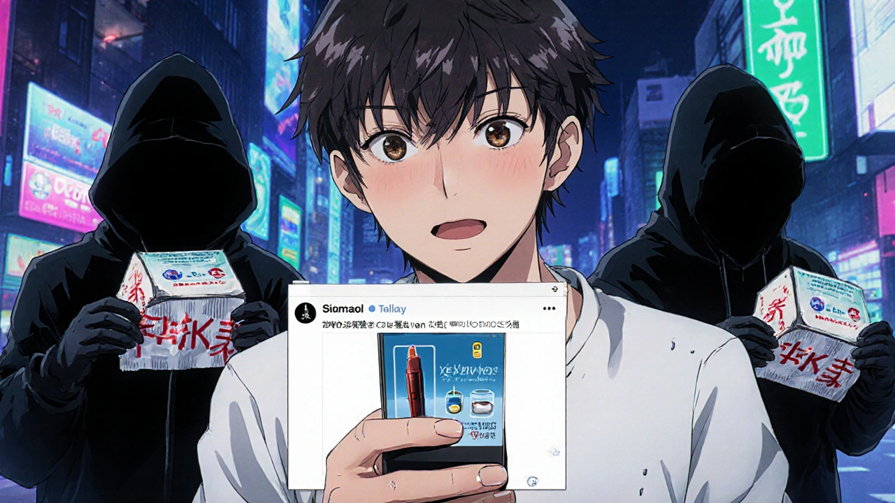 Young person receiving fake pills from shadowy figures while viewing a deceptive social media ad.