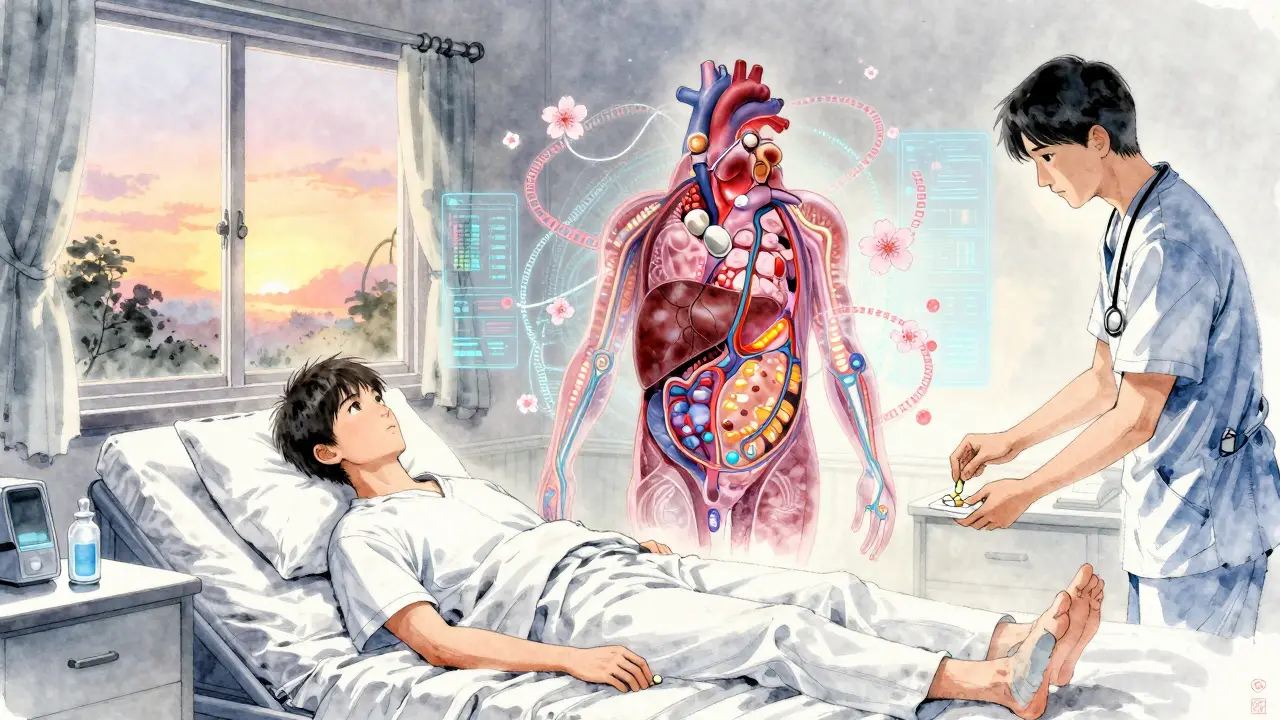 A digital twin of a patient's body glowing with medication responses, surrounded by genetic data and dawn light.