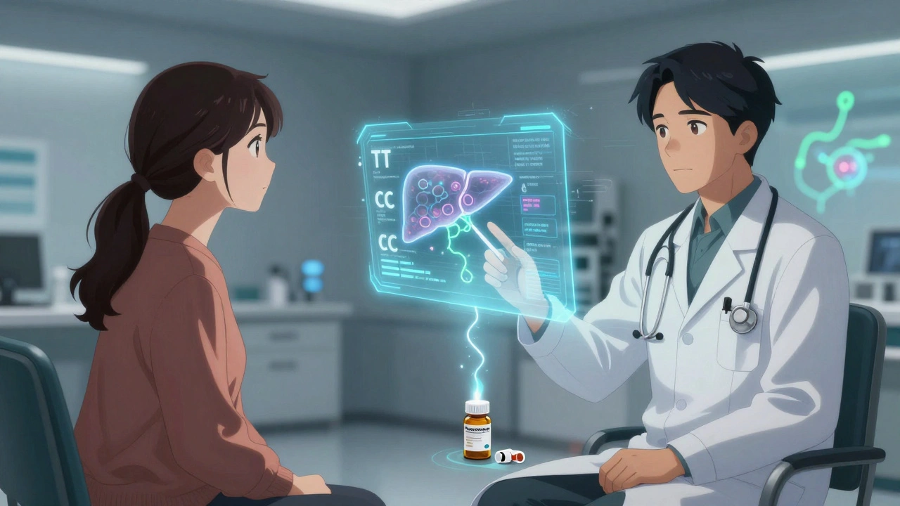A doctor and patient viewing a holographic genetic report with risk levels and safe medication options.