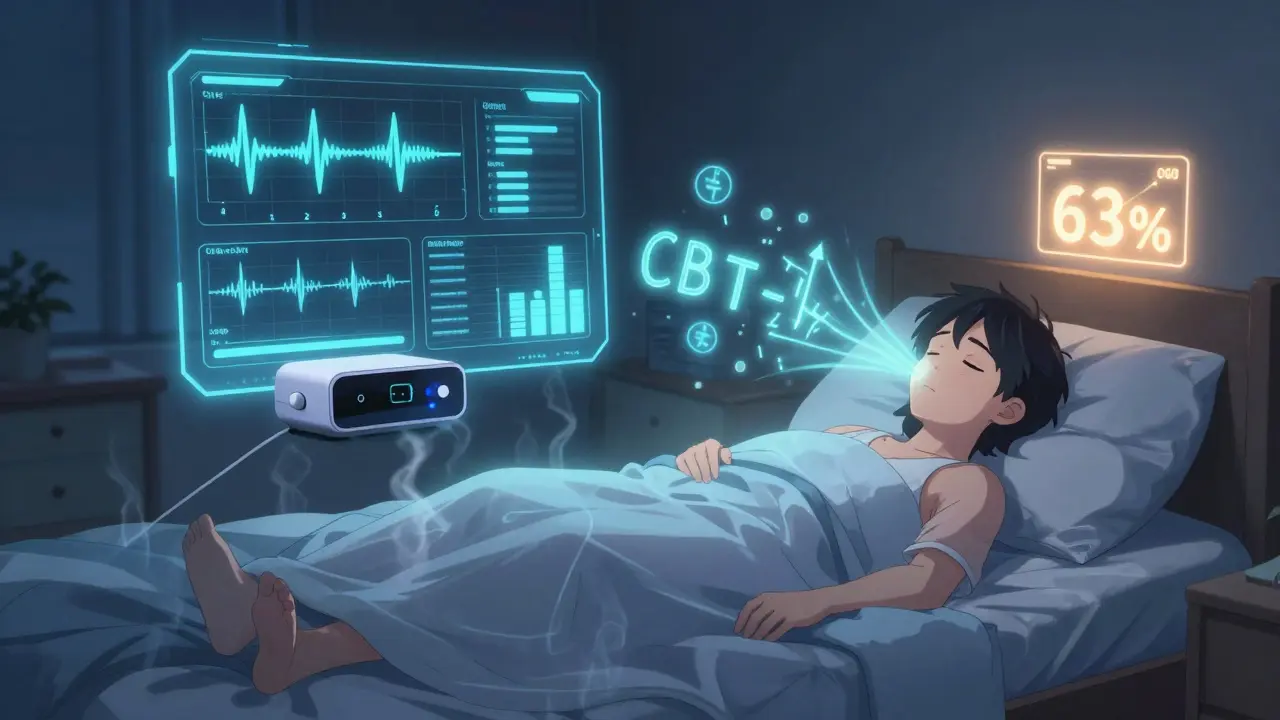 A home sleep monitor projecting calming digital therapy glyphs above a sleeping person with glowing health data.