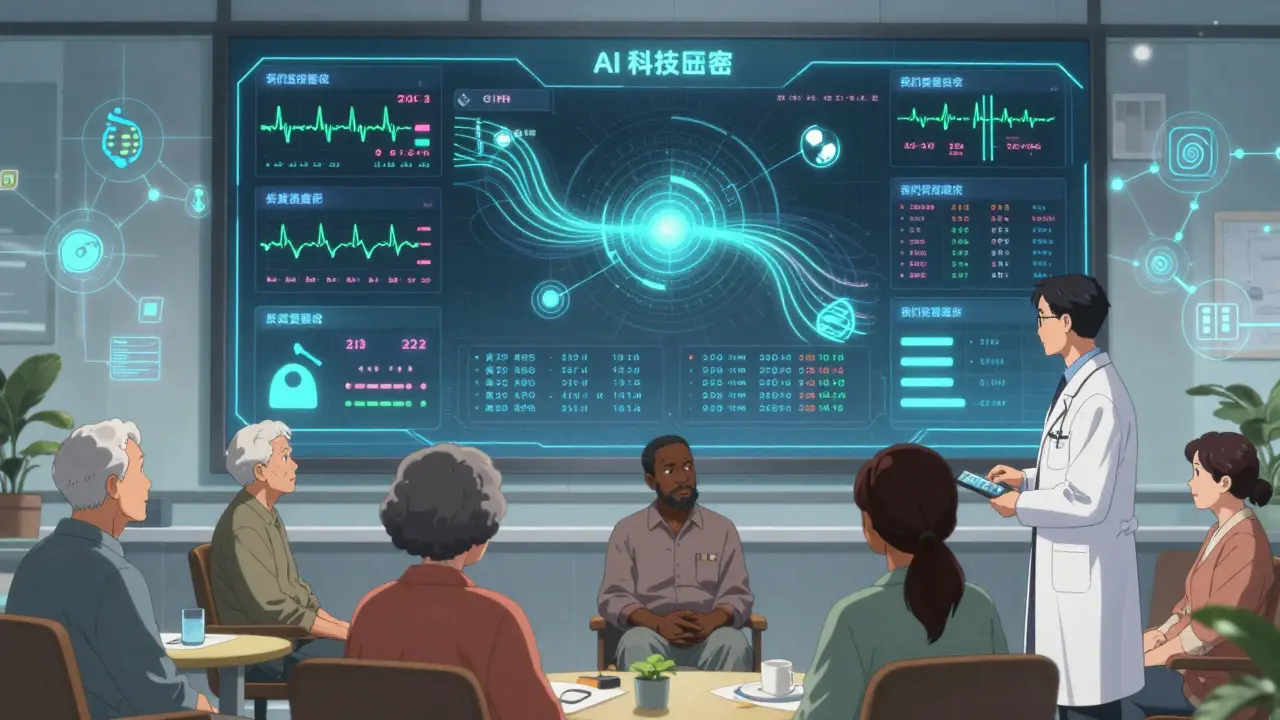A medical dashboard displaying real-time patient data streams with diverse individuals represented in their homes.