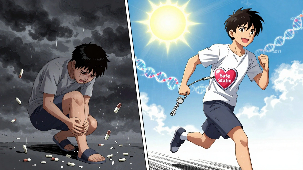 A person transitioning from muscle pain to health, with genetic keys unlocking a protective heart shield.