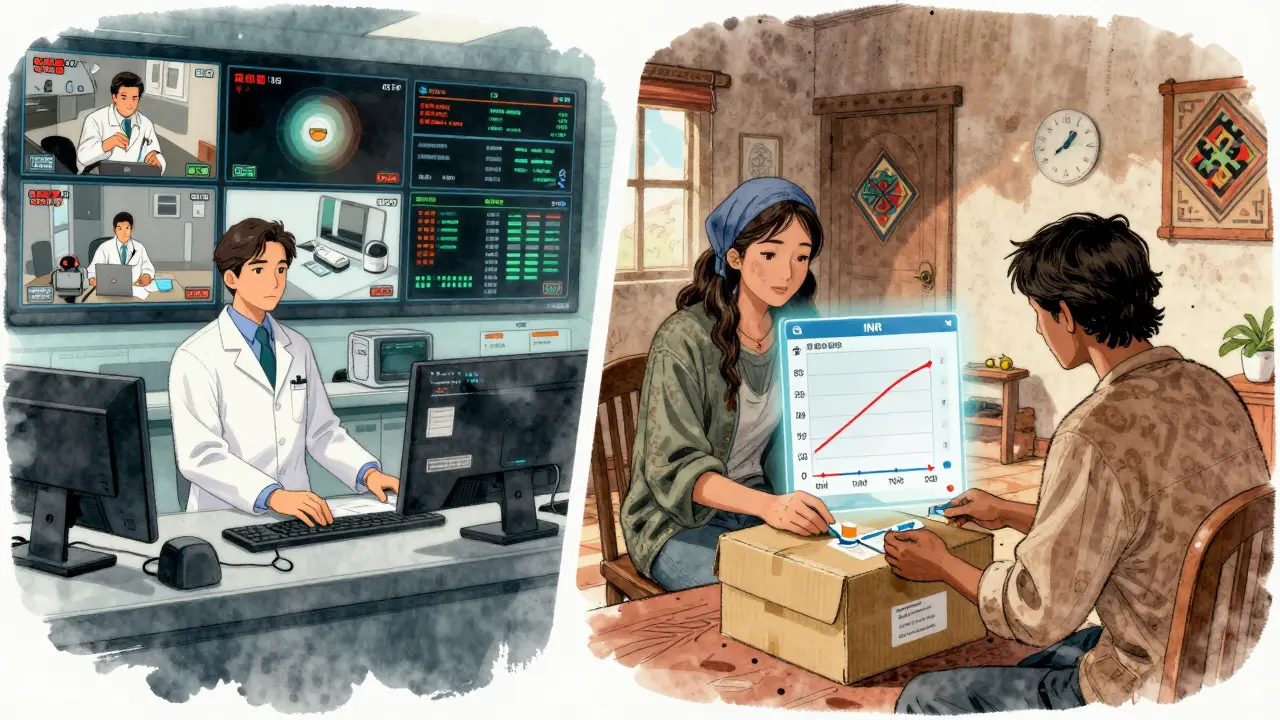 A pharmacist in a city center monitors multiple telepharmacy patients via screens, with one patient in a Native American community receiving medication by mail.