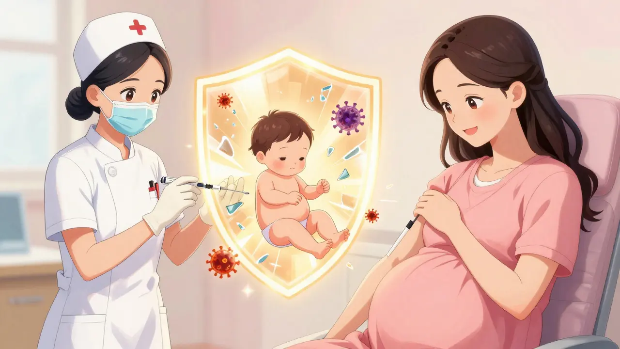 A pregnant woman receiving an RSV vaccine, with a glowing protective shield reaching toward her unborn baby.