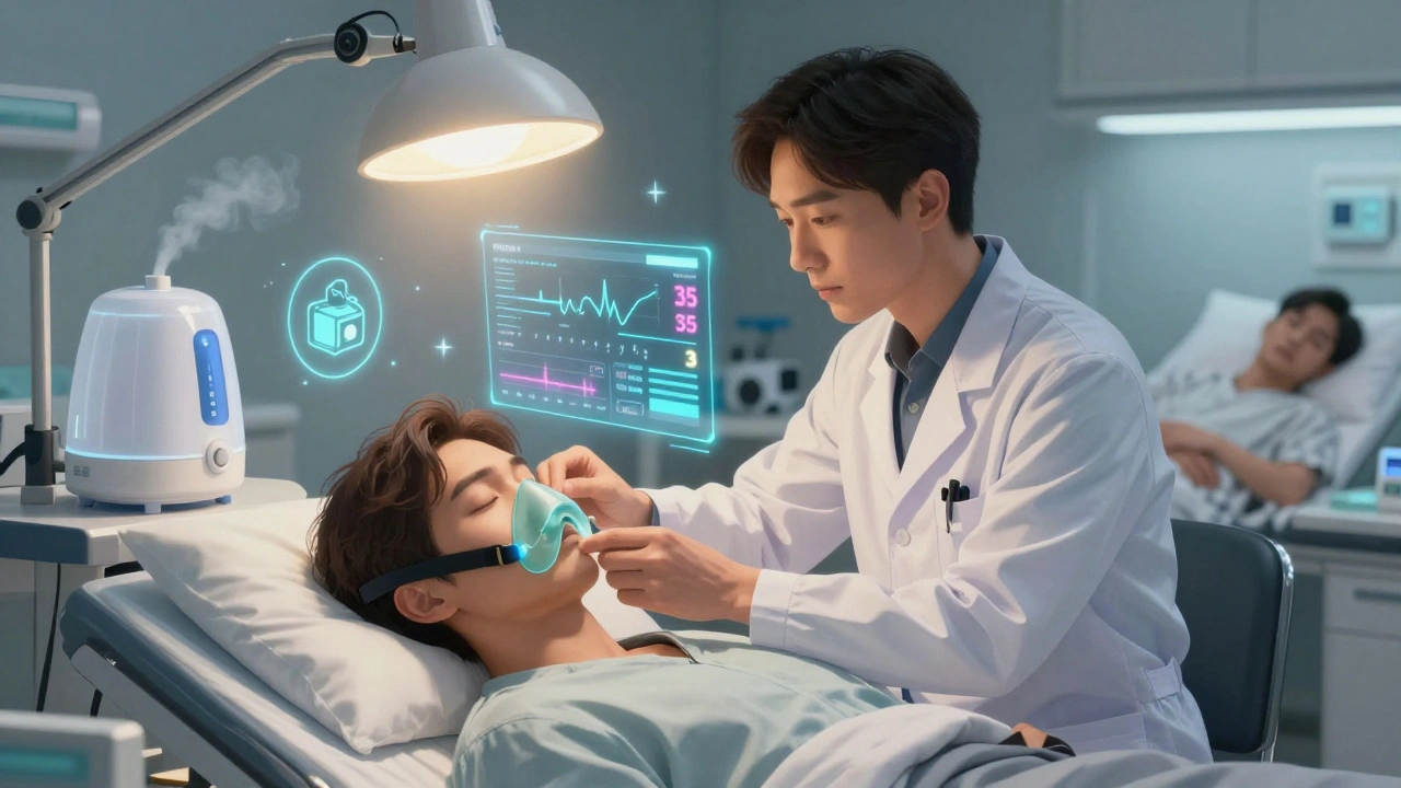 A sleep specialist adjusts a CPAP mask while holographic health data glows in the air, showing improved breathing metrics.