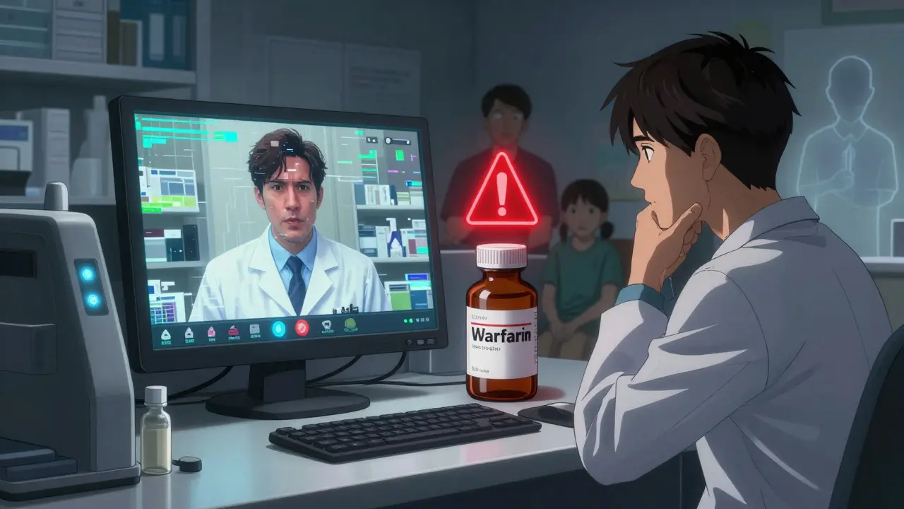 A telepharmacy video call freezes mid-consultation, with a red alert flashing over a blood thinner vial as a technician looks on in concern.