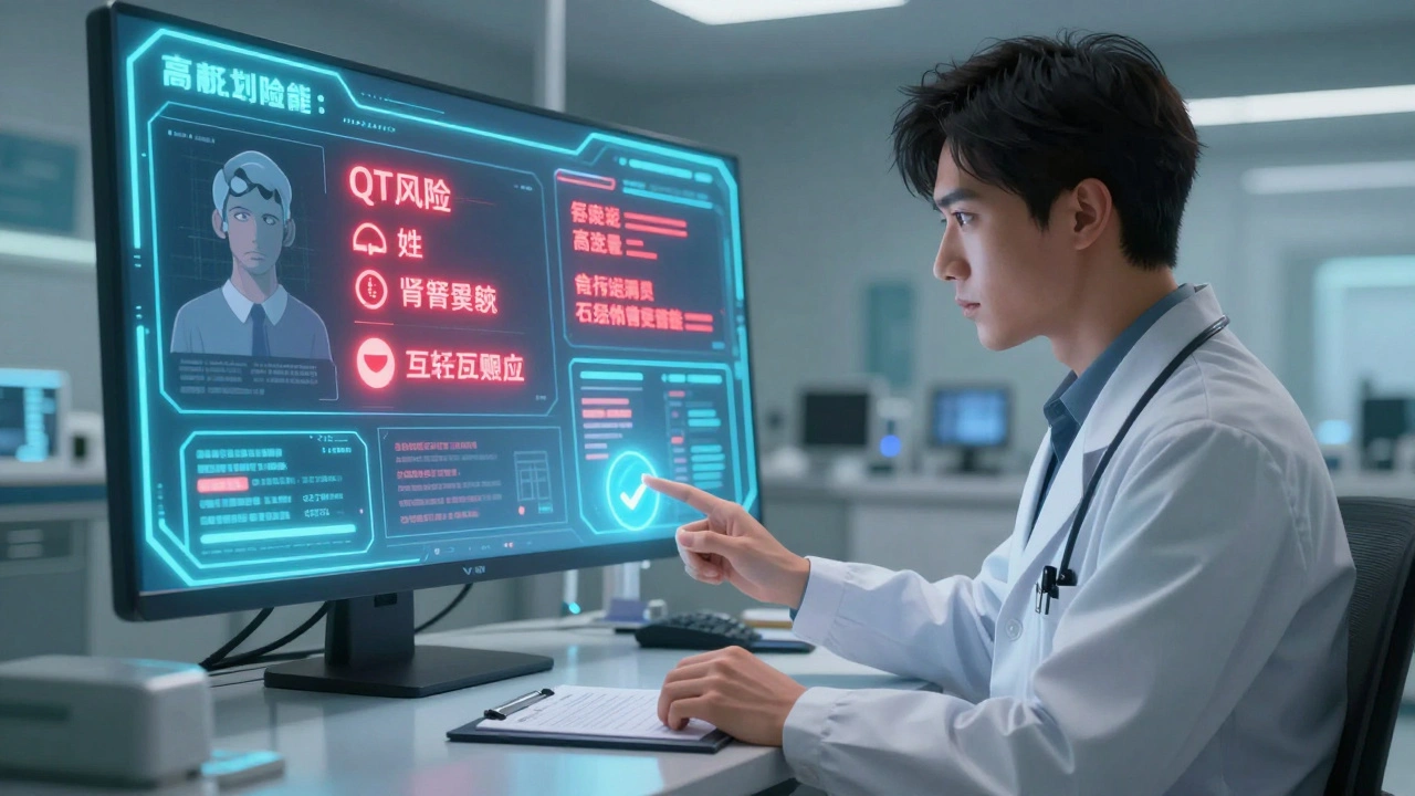 AI system flags high-risk patient profile on digital dashboard in modern clinic.
