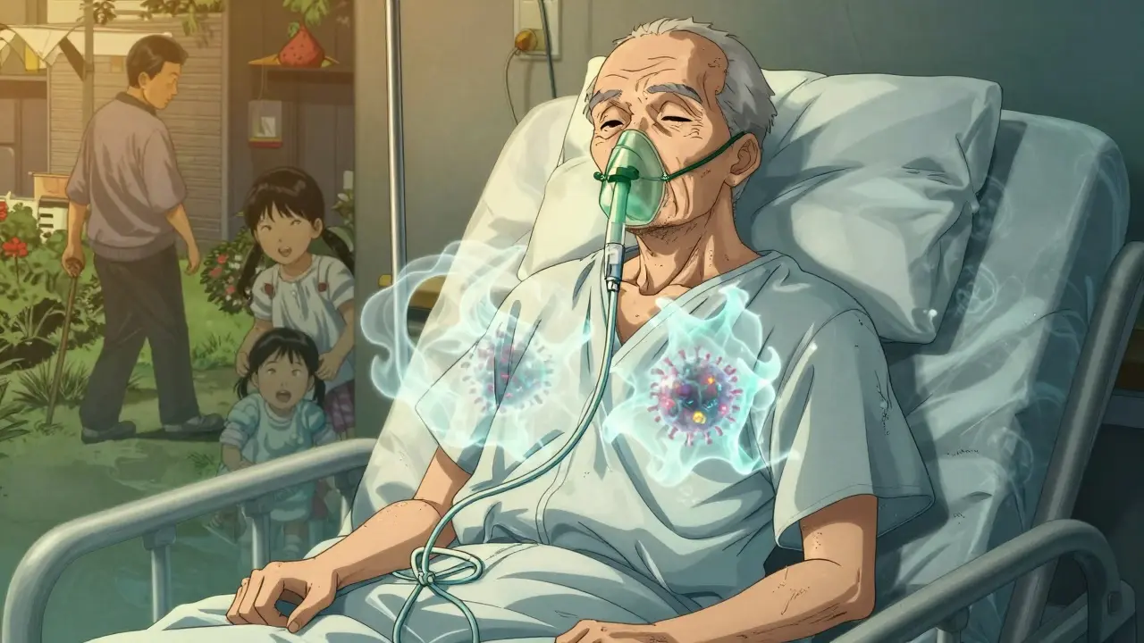 An elderly man in a hospital bed with RSV virus particles swirling around him, looking frail and tired.