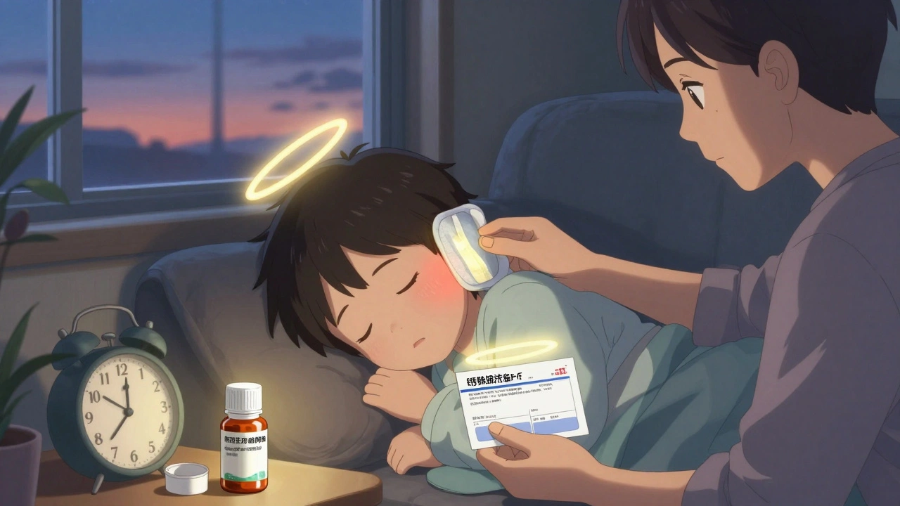 Child sleeping with pain relief meds and safety-net prescription nearby