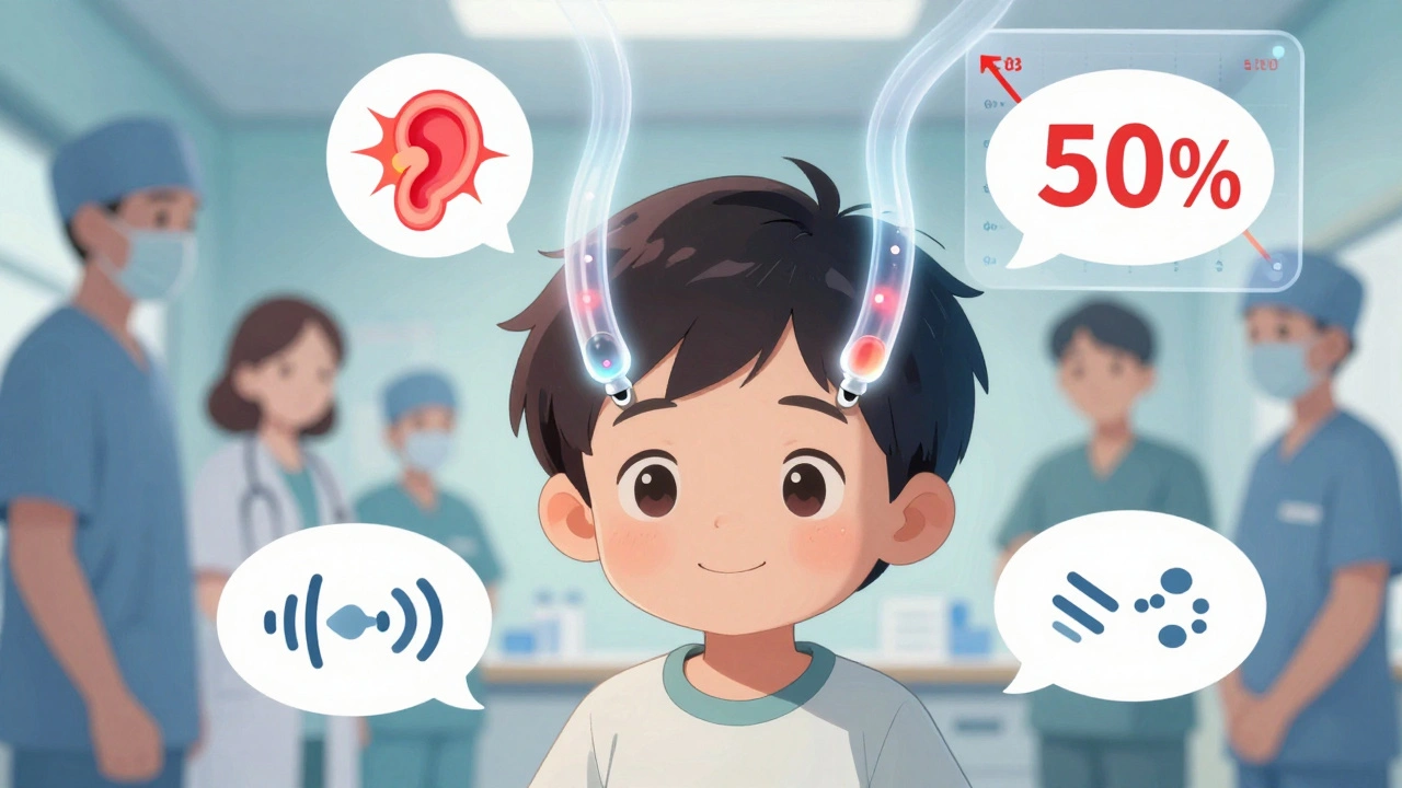 Child with glowing ear tubes as sound waves and infection icons fade away