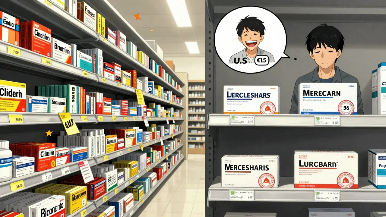 Contrasting U.S. and European generic drug shelves with price tags and competing labels.