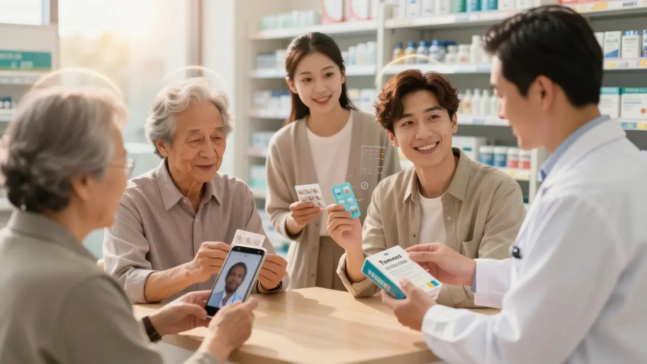 Diverse patients in pharmacy receiving adherence tools, pharmacist smiling, warm light, digital health metrics fading.