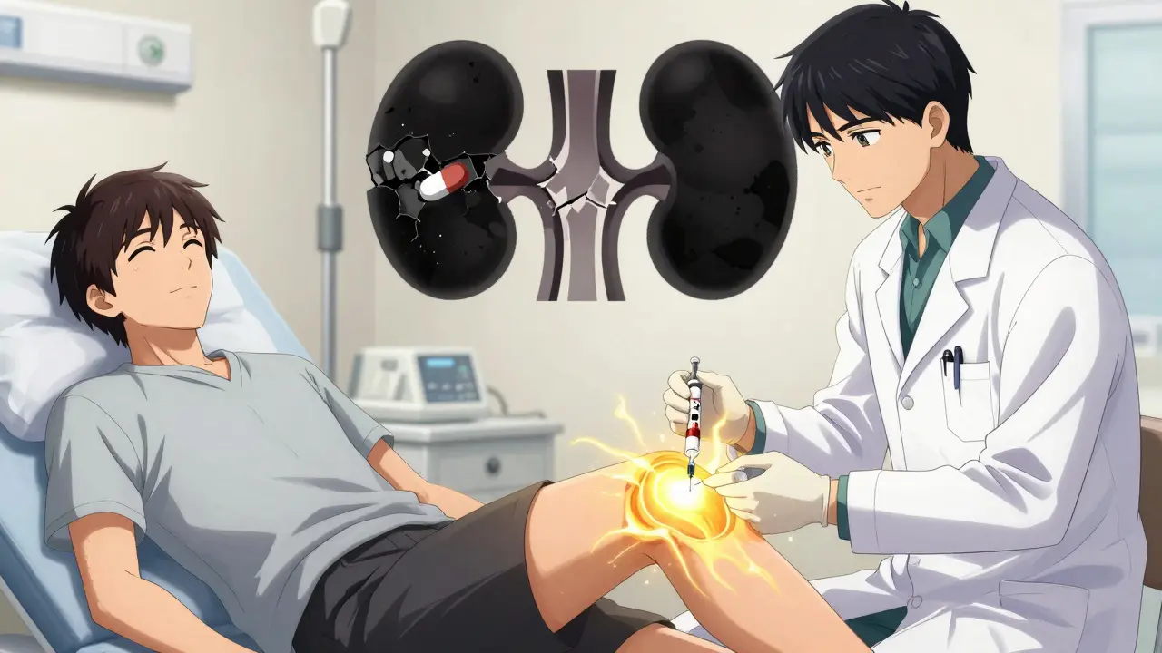 Doctor giving steroid injection to knee, golden energy wave, NSAID pill breaking beside kidney icon.