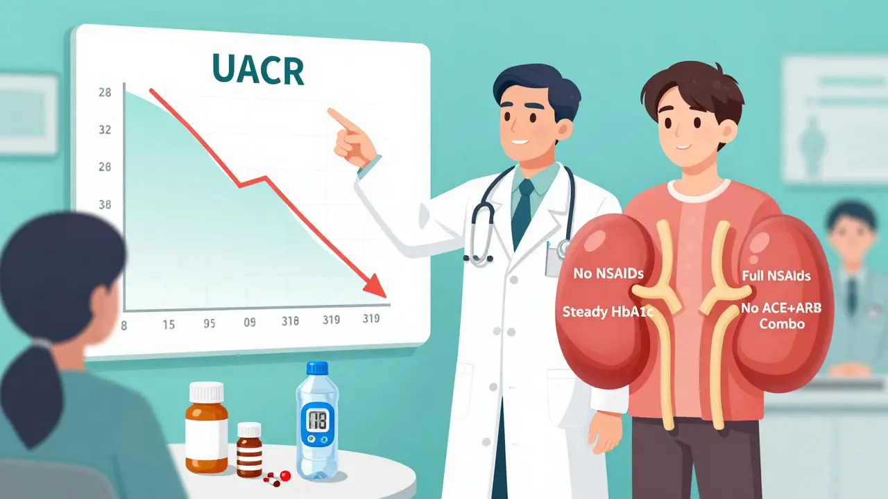 Doctor pointing to a declining UACR graph, patient standing beside a kidney-shaped shield labeled with key health actions.