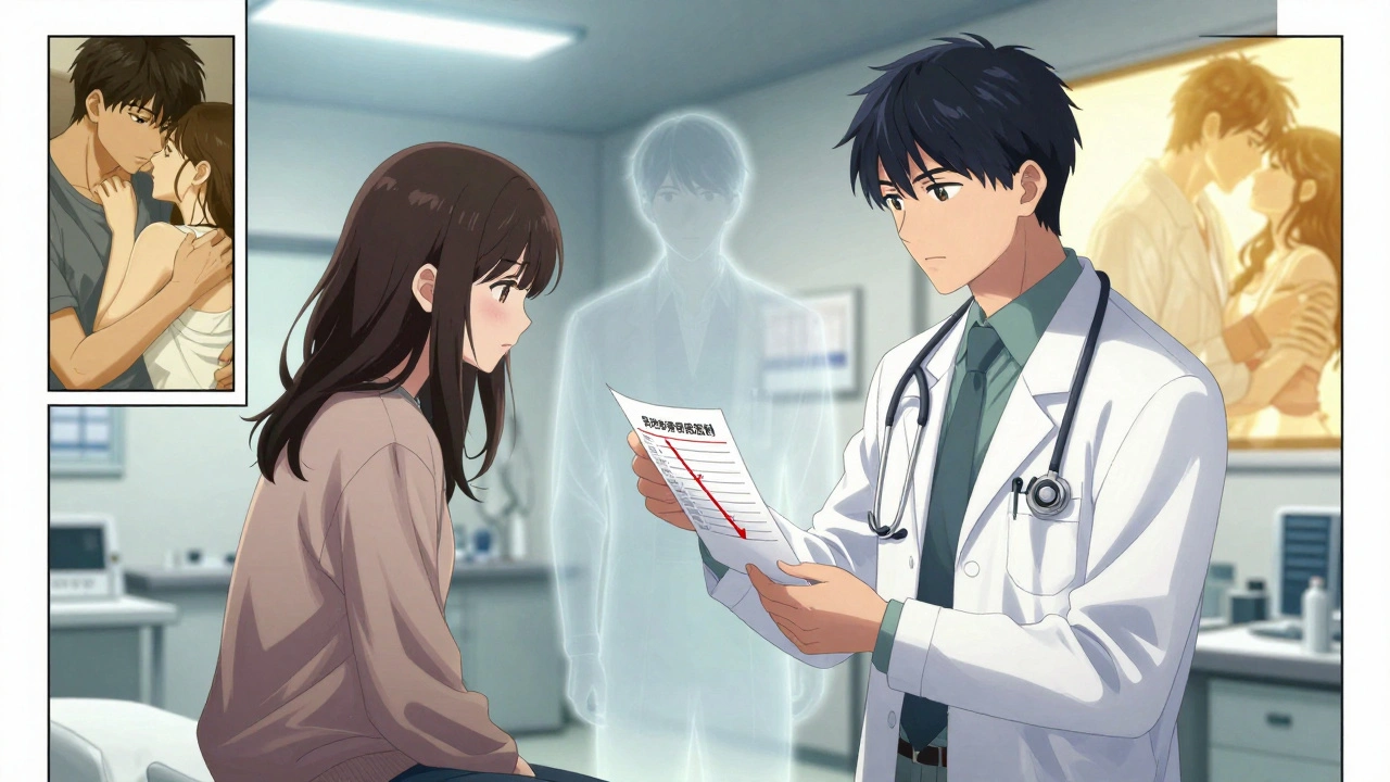 Doctor showing blood test results to patient, ghostly figures fading behind them symbolizing lost vitality.