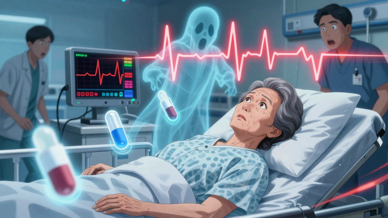 Elderly woman in ER with flatlining ECG and floating dangerous medication icons.