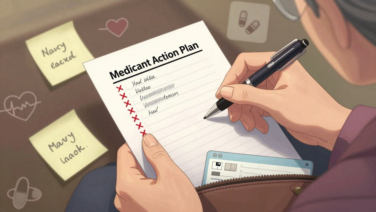 Elderly woman writing updates on her medication action plan with sticky notes nearby.