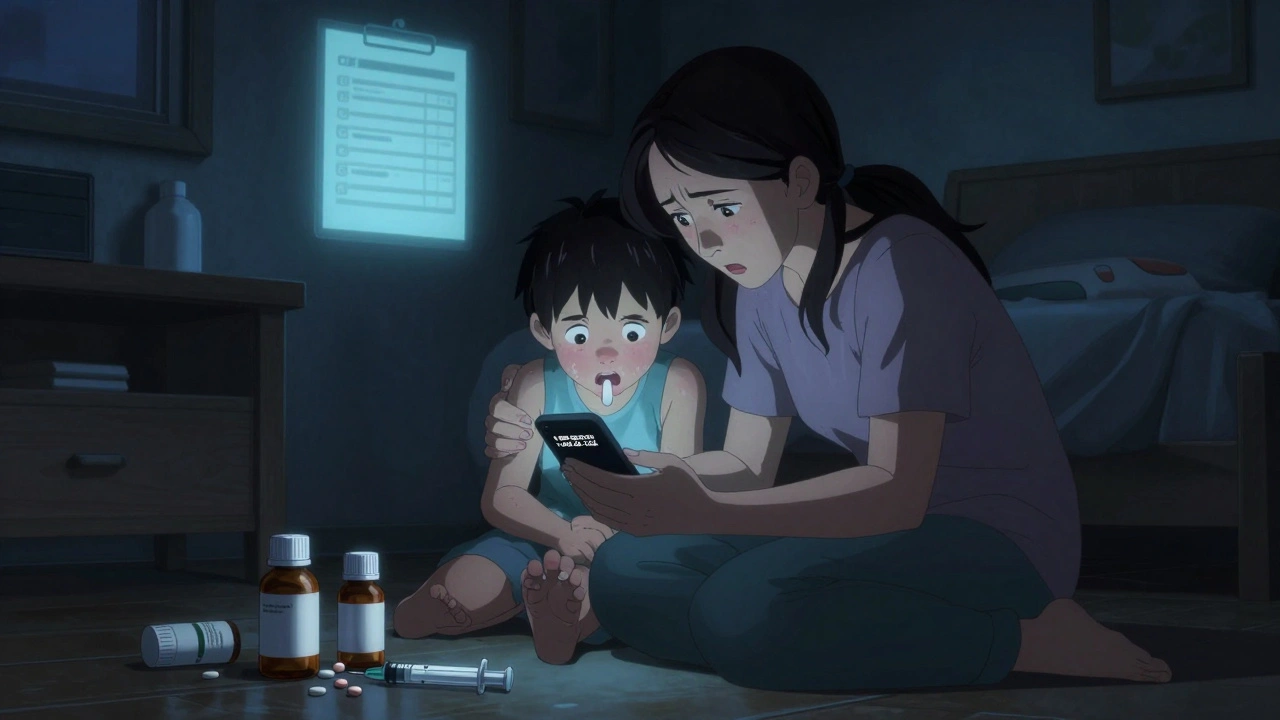 Family gathered around phone with Poison Control number, mother holding child who took overdose.